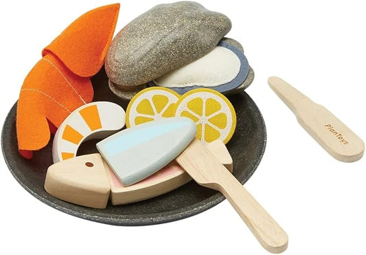 PlanToys® Wooden Pretend Play Seafood Platter Food Toy for Kids | Includes Fish, Prawn, Oyster, Knives & More | Montessori Role Play Kitchen Toy for Imaginative Learning