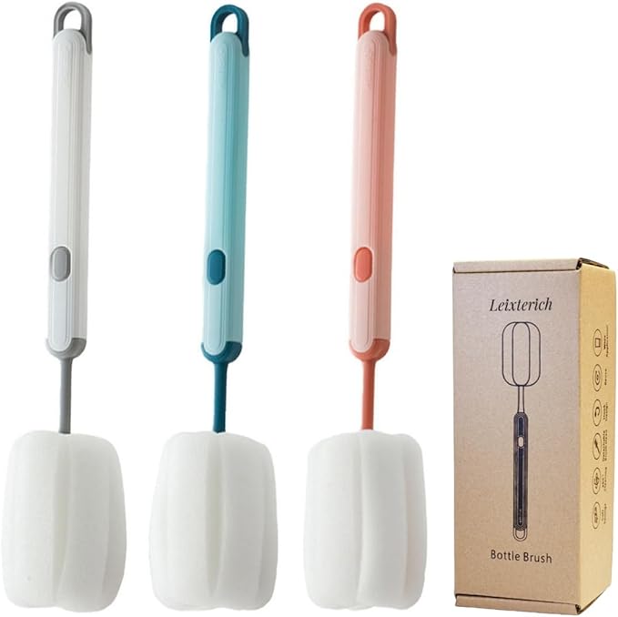 Bottle Brush Long Handle Cup Cleaner Brush Sponge Bottle Scrubber Detachable Handle Portable Sponge Cleaning Brush for Cups Wine Glasses Water Bottles Baby Bottles and Vacuum Flasks(3 PCS)