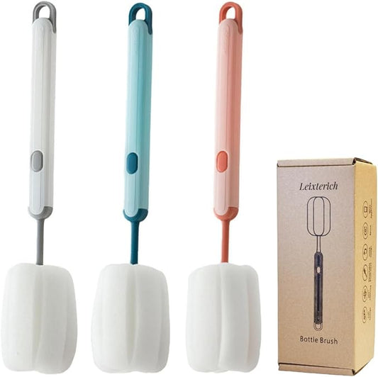 Bottle Brush Long Handle Cup Cleaner Brush Sponge Bottle Scrubber Detachable Handle Portable Sponge Cleaning Brush for Cups Wine Glasses Water Bottles Baby Bottles and Vacuum Flasks(3 PCS)