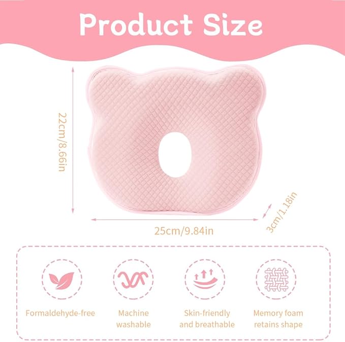 Memory Foam Baby Pillow for Newborn Flat Head Baby Pillow Machine-Washable Neck Support Prevent Flat Head 100% Cotton