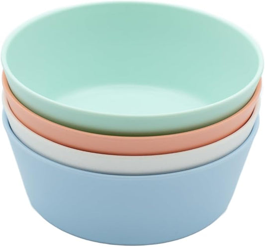 WeeSprout Bamboo Kids Bowls, Set of Four 10 oz Kid-Sized Bamboo Bowls, Dishwasher Safe Kid Bowls (Pastel Coral, Blue, Mint & Off White)