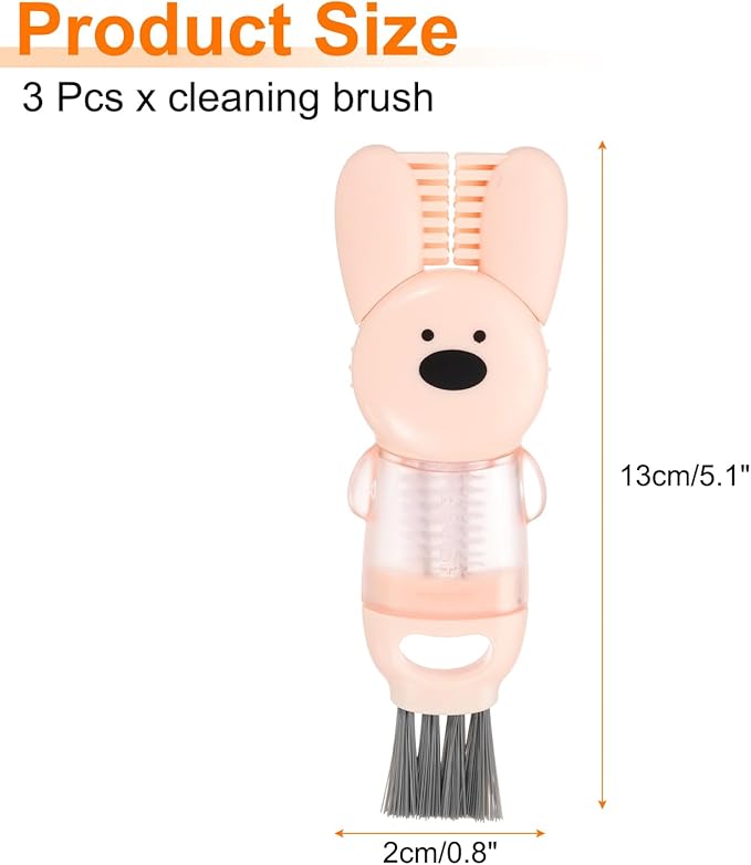 uxcell 3pcs Cup Lid Cleaning Brush, Water Bottle Cleaner Brush with Rabbit Pattern, for Tight Spaces, Bottle Gap Pink