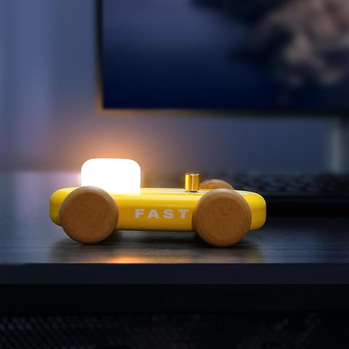 Wooden Go-Kart Night Light for Kids, 7 Color Adjustable, USB Rechargeable (Yellow)