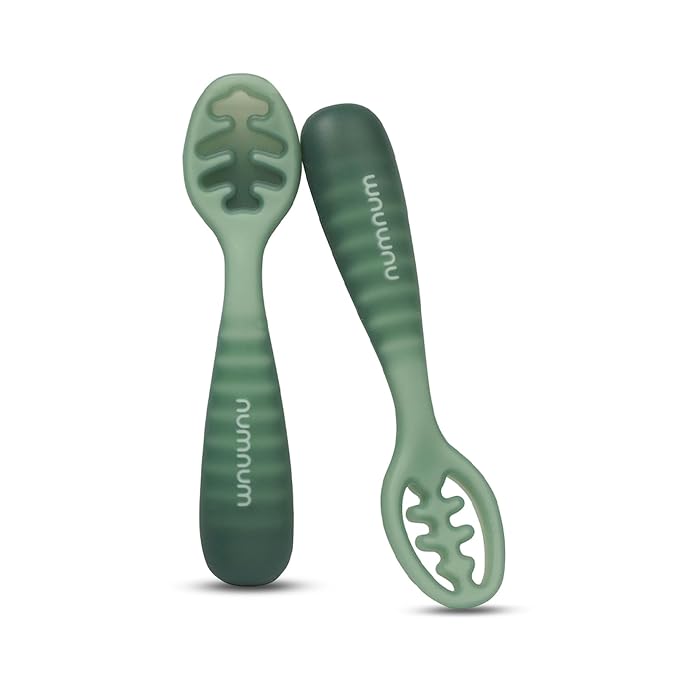 NumNum Baby Spoons Set, Baby Essentials Pre-Spoon GOOtensils for 12+ Months, First Stage Self-Feeding Spoons for Baby Led Weaning (BLW), Silicone Toddler Utensils, BPA-Free, 2 Pack Green