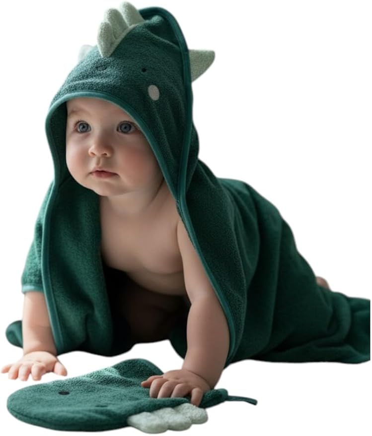 Hooded Baby Towel with Mitt - Ultra Soft Plush Bath Essential for Newborn, Infant & Toddler - Premium 30x30 Inch Large Absorbent Baby Bath Towels with Hood for Boys & Girls (Happy Dino)