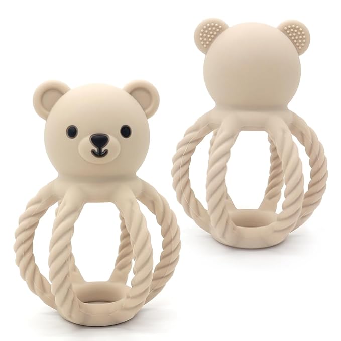 3Pcs Baby Silicone Teether Toy Set - Food-Grade Silicone Teething Relief Toys,Wooden Ring Teether Cute Bear Toy and Toy Straps for Babies 3-12 Months (Bright Beige)