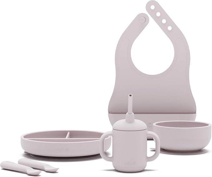 Lalo First Bites Silicone Baby Feeding Set - Baby Led Weaning Supplies - Non-Toxic Silicone - Includes 1 Bib, 2 Spoons, Training Cup, Suction Plate and Bowl - 6 Pieces - Lavender