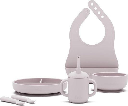 Lalo First Bites Silicone Baby Feeding Set - Baby Led Weaning Supplies - Non-Toxic Silicone - Includes 1 Bib, 2 Spoons, Training Cup, Suction Plate and Bowl - 6 Pieces - Lavender