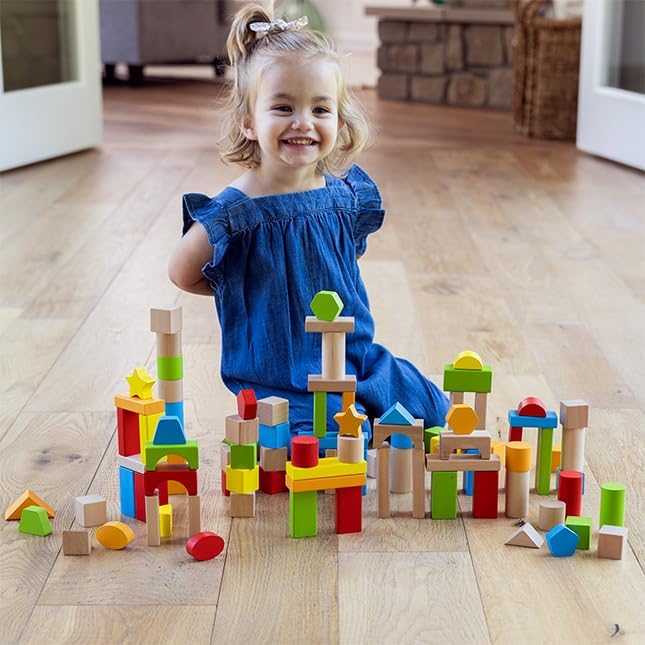 Fat Brain Toys Timber Blocks - 100 Piece Wooden Block Set - Classic Preschool Toy