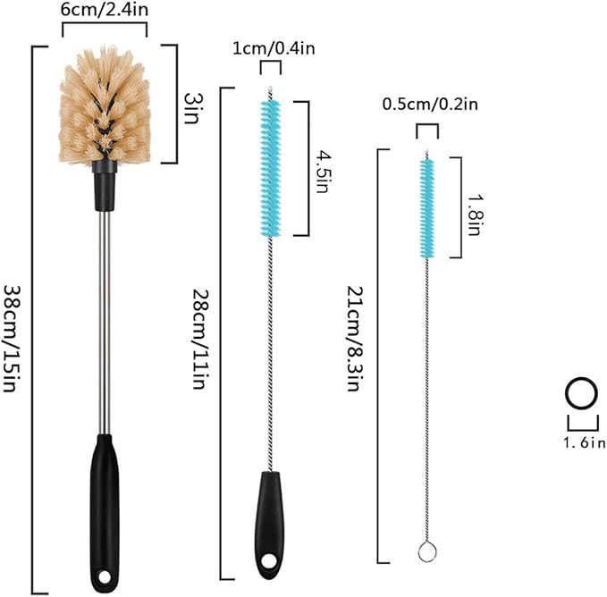 3 in 1 Stainless Steel Long Handled Water Bottle Brush Set, Kitchen Scrubber Cleaning Brush for Mugs, Coffee Cups, Glassware, Wine Glasses, Wake-Ups, with Straw Cleaner, Brown