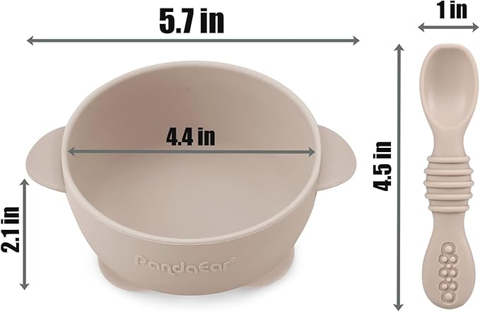 PandaEar 3 Pack Silicone Suction Baby Bowls & 3 Baby Feeding Spoons | Non-Slip Stay Put Bowls & Soft Silicone First Stage Spoons for Toddlers, BPA-Free Baby Led Weaning Set (Linen Brown Tan)