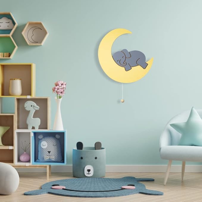 Lumipets Lighted Elephant on Moon, Nursery Night Light, Wall Mounted Lighted, Battery Operated Cloud Light Sign–Lightweight Moon Night Light for Babies, Toddlers, Kids