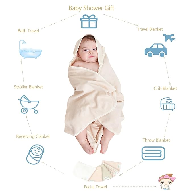 6 Pack 1 Baby Hooded Towel and 5 Washcloths Set, Premium Ultra Soft Reusable Organic Cotton Baby Bath Towel for Newborns, Infants, Toddlers, Unisex Babies' Gifts, Brown 30 x 30 Inch