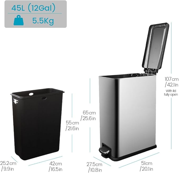 12 Gallon Trash Can with Lid，45L Kitchen Garbage Can,Stainless Steel Trash Can for Narrow Spaces with Soft-Close Lid, Inner Bucket, and Step-on Pedal