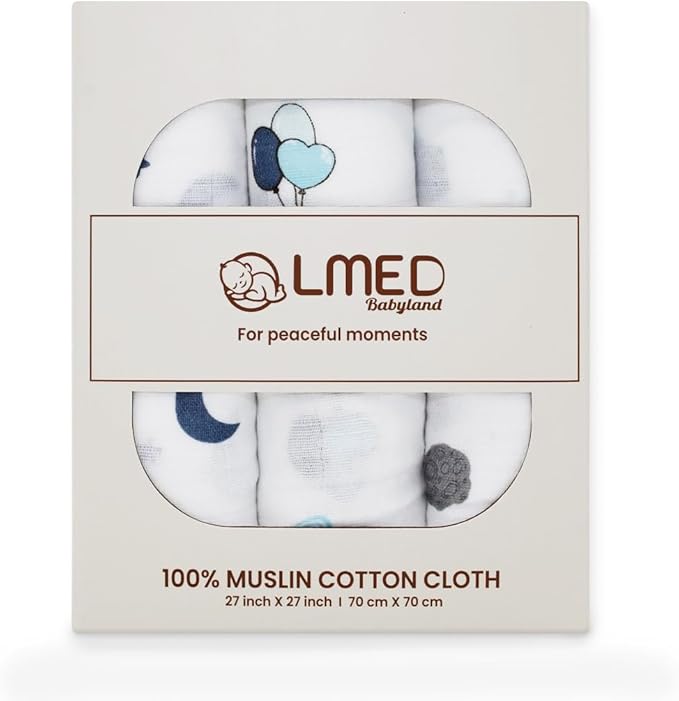 100% Muslin Cotton Baby Receiving Cloths, 3-Pack, 27x27 in (70x70cm), Soft & Gentle for Newborns, Sensitive Skin Safe, For Feeding, Burping & Comfort, 0+ Months (Spaceship/Teddy Bear/Clouds)