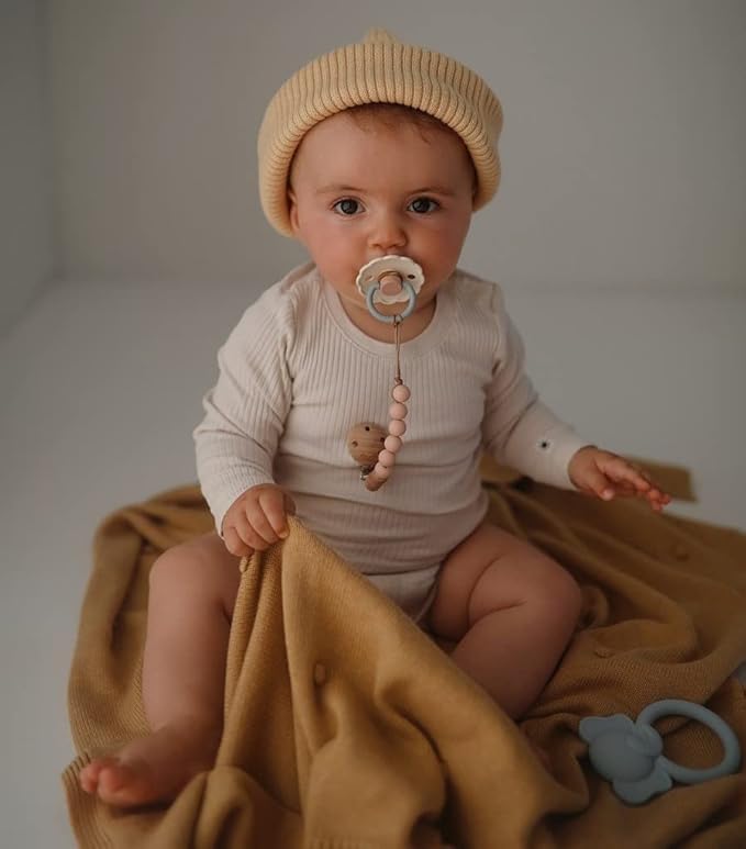 FRIGG Daisy Natural Rubber Baby Pacifier | Made in Denmark | BPA-Free (Cotton Candy/Sandstone, 6-18 Months) 2-Pack