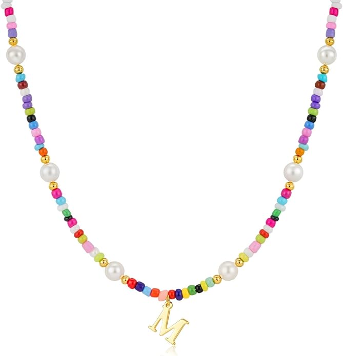 M MOOHAM Colorful Initial Necklaces for Girls Women Kids - Christmas Stocking Stuffers Beaded Pearl Choker Necklace for Women Teen Girl Gifts Trendy Personalized Letter Birthday Gifts Kids Jewelry