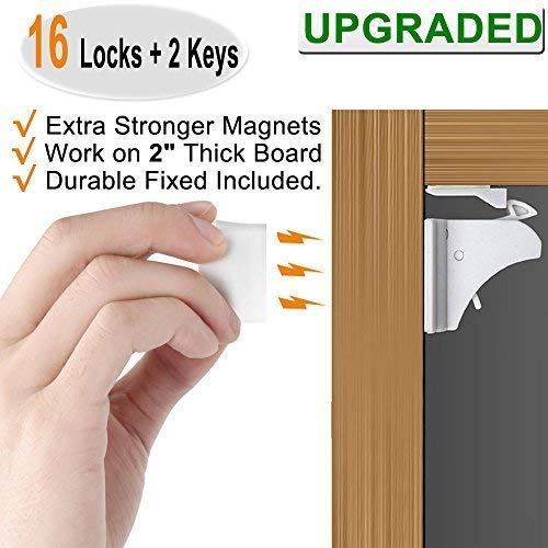 Vmaisi 16 Pack Child Safety Magnetic Cabinet Locks - Children Proof Cupboard Baby Locks Latches - Adhesive for Cabinets & Drawers and Screws Fixed for Protection