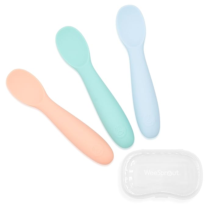WeeSprout Baby Spoons for Self Feeding 6 Months +, Soft & Durable Silicone Utensils for Sensitive Gums & Teeth, Easy Grip Handles & Shorter Length for Little Hands, 3 Pack + Carrying Case