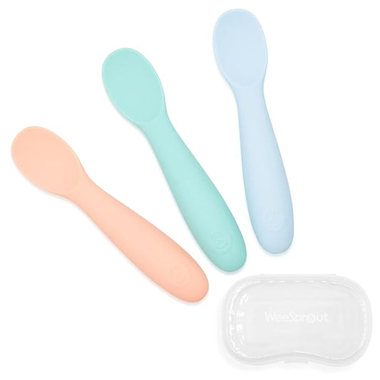 WeeSprout Baby Spoons for Self Feeding 6 Months +, Soft & Durable Silicone Utensils for Sensitive Gums & Teeth, Easy Grip Handles & Shorter Length for Little Hands, 3 Pack + Carrying Case