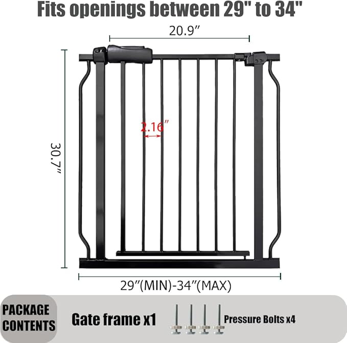 29-34 Inch Baby & Pet Gate - Black Metal, Pressure Mounted, Walk Through Safety Gate for Narrow Stairs & Doorways