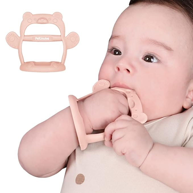 Baby Wrist Silicone Teether Soothing Pacifier for Infants 3+ Months Babies Made in Korea Anti-Dropping (Bear-Pale Peach Pack of 1)