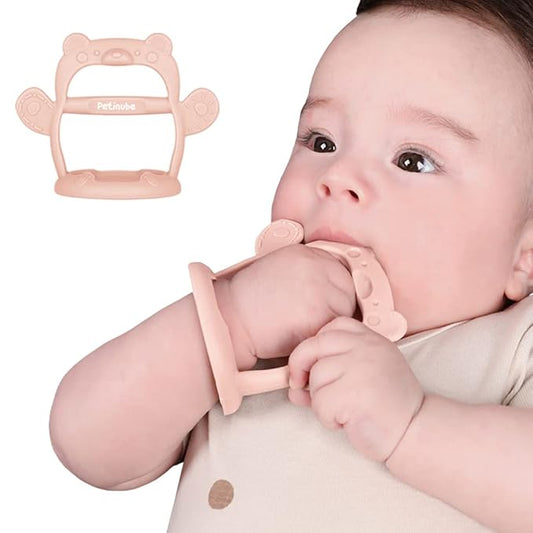 Baby Wrist Silicone Teether Soothing Pacifier for Infants 3+ Months Babies Made in Korea Anti-Dropping (Bear-Pale Peach Pack of 1)