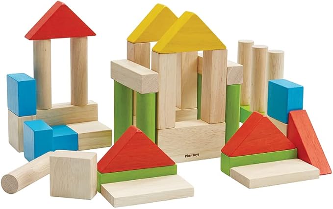 PlanToys Wooden Building Blocks - 40 Unit Blocks Natural and with Color (5513) | Sustainably Made from Rubberwood and Non-Toxic Paints and Dyes