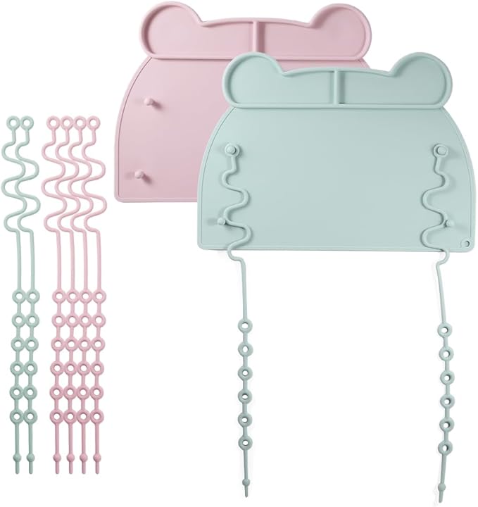 Picowe 2 Pack Silicone Suction Placemats for Babies with 8 Elastic Straps, Non-Slip Toddler Placemats for Dining Table, High Chair, Restaurant Use - Pink & Green