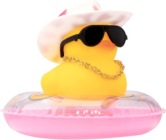 wonuu Car Rubber Duck, Yellow Duck Decoration Dashboard with Sun Hat Swim Ring Necklace Sunglasses for Car Dashboard Decorations, Pink White Cowboy hat-Pink