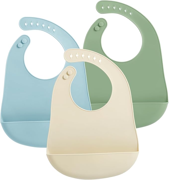 PandaEar 3 Pack Silicone Baby Bibs, Super Thin Light Weight Waterproof for Babies & Toddlers, Adjustable Soft Silicone Feeding Bibs with Food Catcher Pocket (Blue/Green/Flesh)