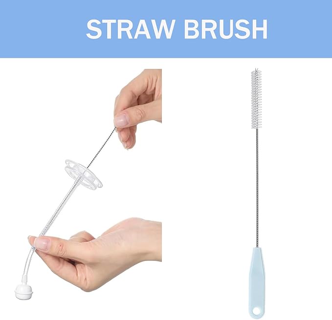 Baby Bottle Brush Set 4 in 1, Baby Bottle Cleaner, with 1P Nylon Bottle Brush, 1P Bottle Cap Brushes, 2P Straw Brushes, Bottle Brush with Nipple Cleaner and Suction Cup, BPA-Free(Blue)