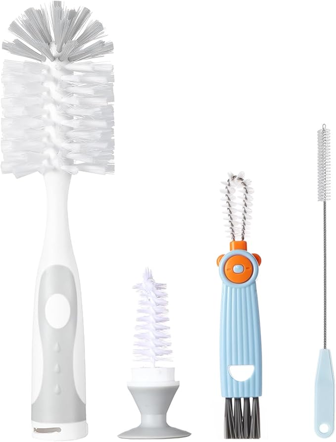 Baby Bottle Brush Set 4 in 1, Baby Bottle Cleaner, with 1P Nylon Bottle Brush, 1P Bottle Cap Brushes, 2P Straw Brushes, Bottle Brush with Nipple Cleaner and Suction Cup, BPA-Free(Grey)