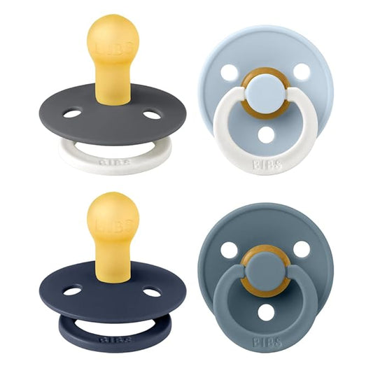 BIBS Colour Soother 4-Pack | BPA Free Dummy Pacifier | Round Nipple | Natural Rubber Latex | Made in Denmark | Size 0-6 Months | Petrol Glow Mix