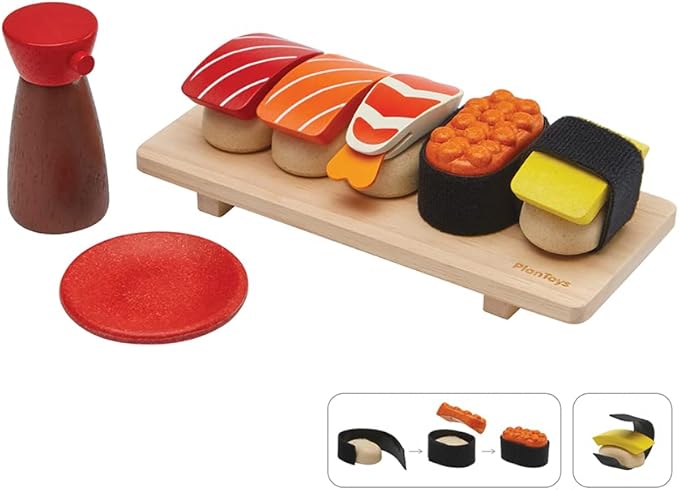 PlanToys® Wooden Pretend Play Food Sushi Kit for Kids | Kitchen Toy Includes Sushi Rolls, Nigiri, Soy Sauce Bottle & Serving Tray | Montessori Kitchen Role Play Toy for Toddlers