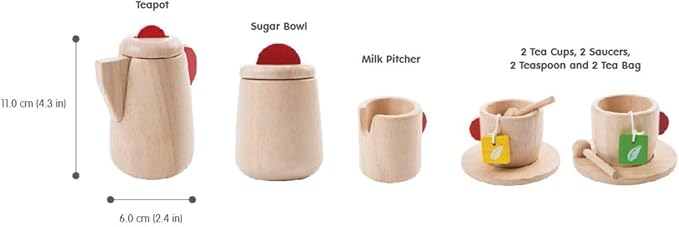 PlanToys® Wooden Tea Set for Kids | Montessori Pretend Play Kitchen Toy | Eco-Friendly Role Play Tea Party Set with Teapot, Cups, Saucers, Sugar Bowl, Milk Pitcher, Tea Bags & Spoons