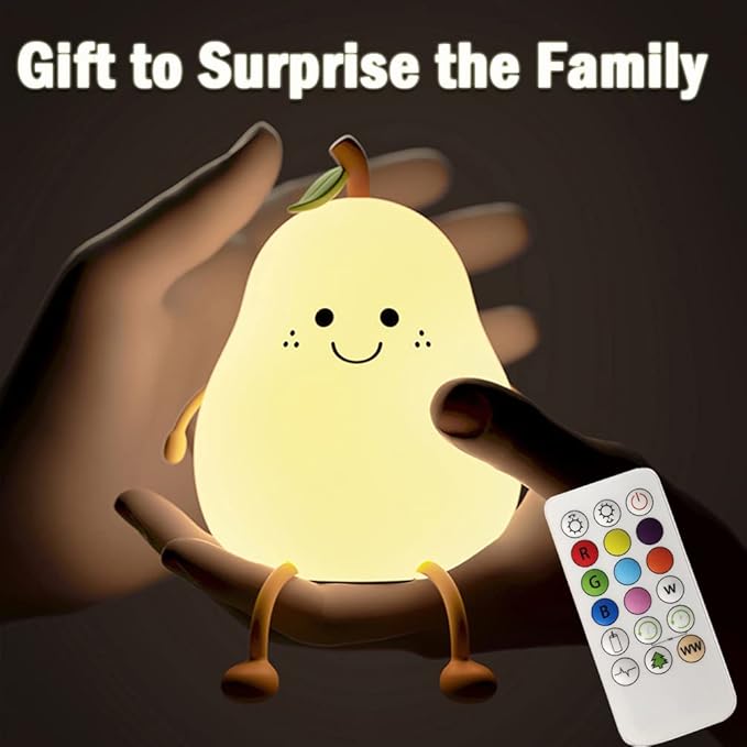 LED Cute Pear Night Light, Silicone Fruit Pear Lamp with Remote, Squishy Kawaii Bedside Cute Lamp, Adjustable Brightness NightLight for Bedroom, Rechargeable Soft Glow NightLight for Room Decoration