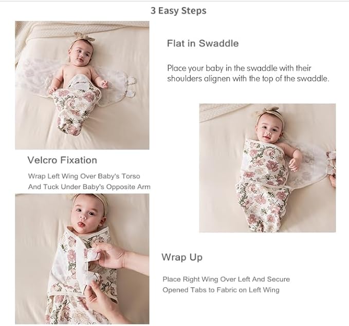 insular Baby Swaddle Wrap, Swaddle Blanket for Newborn and Infant, Adjustable Velcro Swaddling Set for Boy and Girl, Soft Cotton Baby Sleep Sack 3 Pack, Floral, Small(0-3 Month)