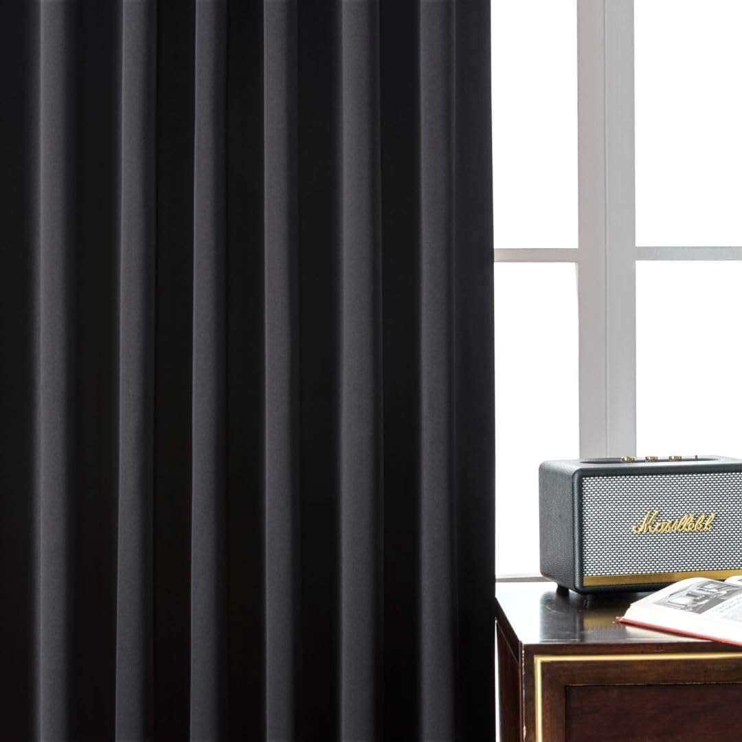 Joydeco Blackout Curtains for Bedroom, Black Out Curtains 96 Inch Long, Black Curtains with Rod Pocket Back Tab, Room Darken Light Blocking Noise Reducing Wrinkle-Free Drapes for Living Room, 2 Panels