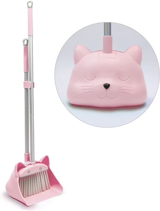 28′′ Mini Broom and Dustpan Set for Kids-Ideal Kids' Toys as Gifts, Parent-Child Interactive Cleaning Tool, Cute Cartoon Design, Household Helper for Toddlers, Small Safe Corner Broom(Pink Puff)