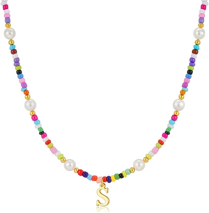M MOOHAM Colorful Initial Necklaces for Girls Women Kids - Christmas Stocking Stuffers Beaded Pearl Choker Necklace for Women Teen Girl Gifts Trendy Personalized Letter Birthday Gifts Kids Jewelry