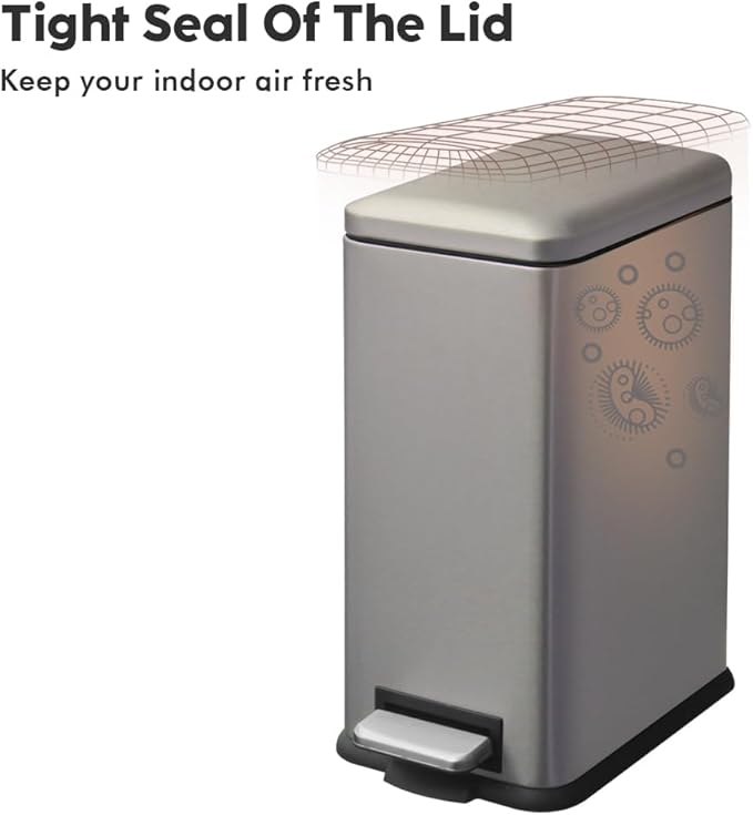 Bathroom Bin 17L, Kitchen Bins Small Trash Can with Soft Close Lid,Slim Pedal Bin with Removable Inner Bucket for Home,Bathroom,Kitchen,Bedroom,and Office.Grey