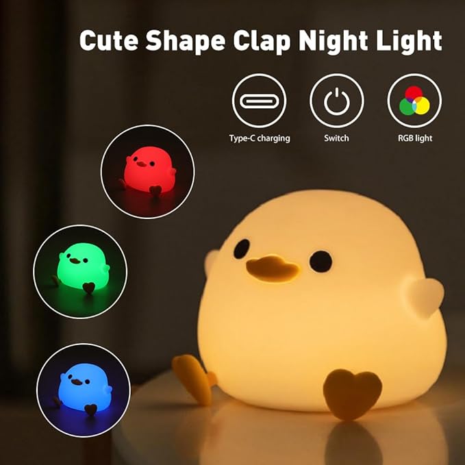 DoDo Duck Night Light, LED Cute Silicone Dimmable Nursery Lamp, Rechargeable USB-C Bedside Touch Sensor Lamp, RGB & Warm White Light for Kids, Bedrooms, Dorm Decor, and Gift Ideas(Charging)