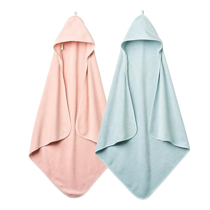 Baby Hooded Towel – Organic Cotton Baby Bath Towels, 32" x 32" Super-Soft and Absorbent Baby Towels for Newborn 2-Pack (Blush/Baby Blue)