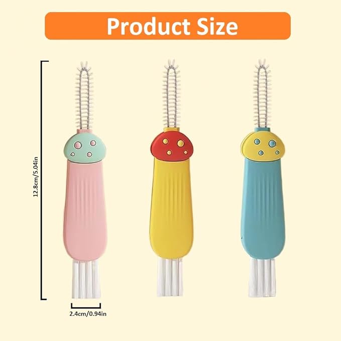 Mini Bottle Brush- Deep Clean Bottle Necks, Straws & Cup Lids, 3-in-1 Tight Space Scrubber for Water Bottles, Travel Mugs, Home Kitchen&Office. Dishwasher Safe(Yellow)