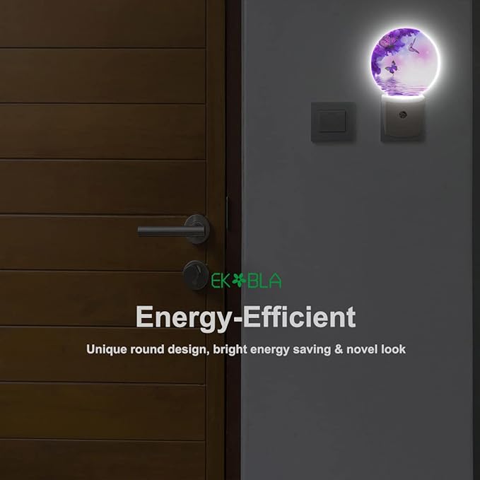 EKOBLA Flower Butterfly Night Light - Purple LED Wall Plug-in Nightlights with Auto Sensor, Dusk to Dawn Lighting for Bedroom & Nursery (0.5W Sleep-Friendly Glow)