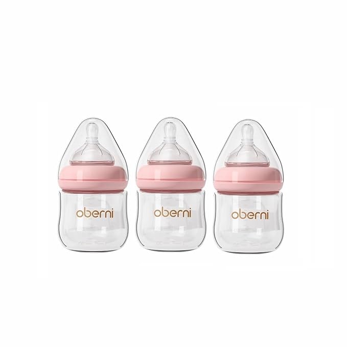 Glass Baby Bottles,Anti Colic Breastfeeding Bottle with Natural Response Nipple Size S,Wide Neck Slow Flow Baby Bottle for Baby,Newborn,Preemie 0-3 0-6 Month,BPA Free (Pink, 4 Ounce，3 Pack)