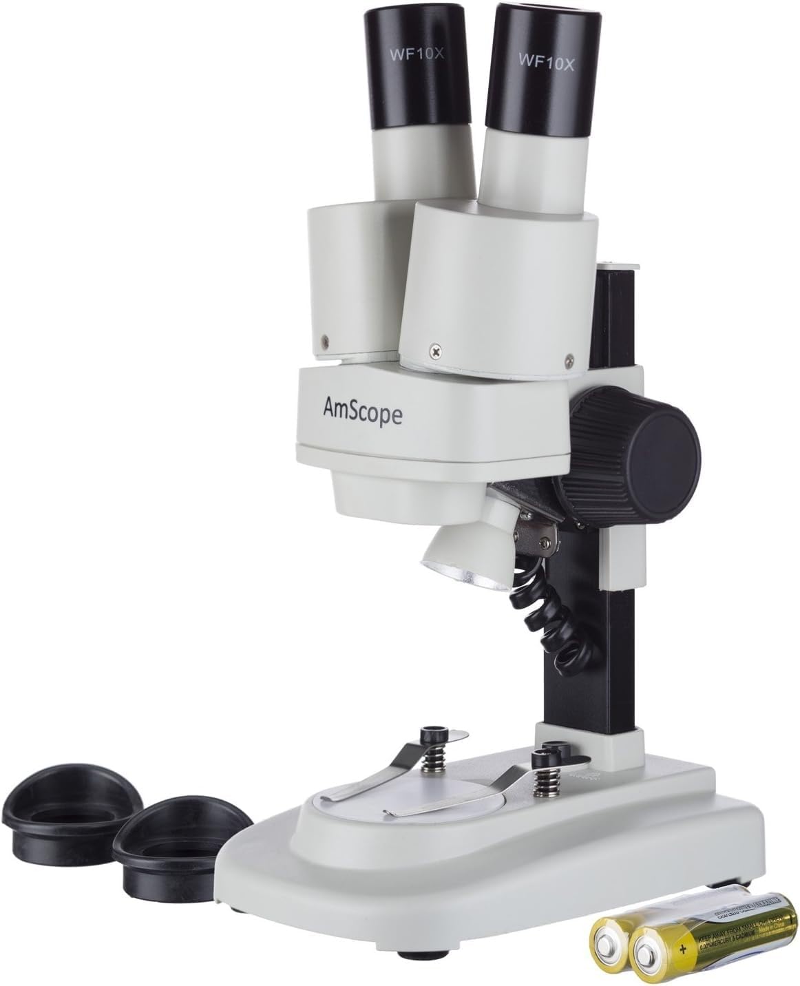 AmScope Kids SE100 Portable Binocular Stereo Microscope, WF10x Eyepieces, 20X Magnification, Tungsten Light Source, Reversible Black/White Stage Plate, Battery-Powered