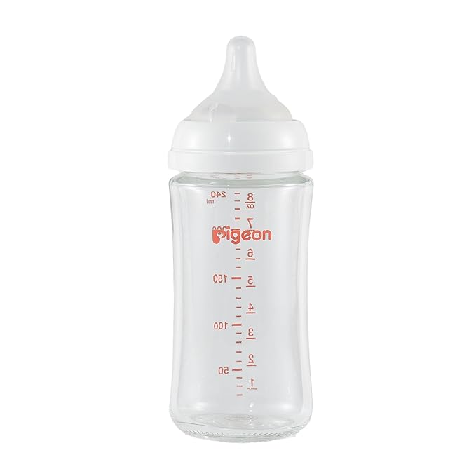 Pigeon Glass Nursing Bottle Wide Neck, Nurture & Nest, Anti-Colic, Streamlined Body, Natural Feel, Easy to Clean, Heat-Resistant, 8.1 Oz (Pack of 3), Includes 3pcs Stage 3 Nipples (3m+)