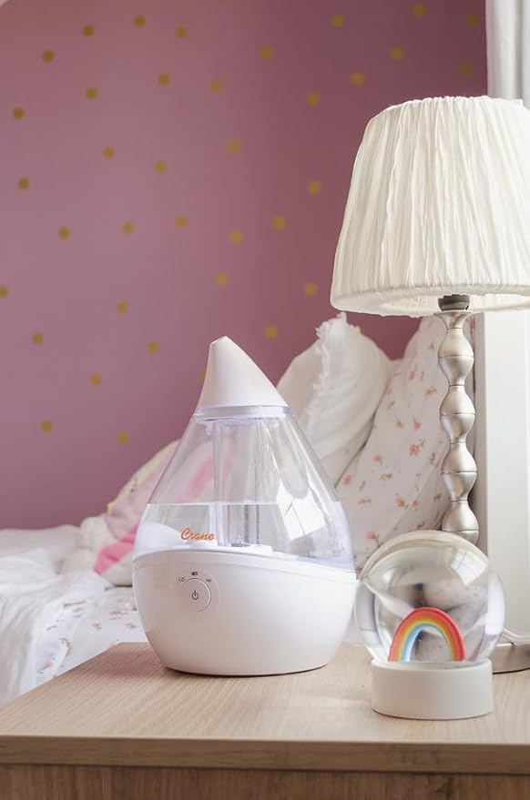 Crane Ultrasonic Teardrop Humidifier for Baby, Cool Mist, Auto Shut off, Adjustable Humidity, for Nursery, Bedroom, Clear and White, 0.5 Gallon